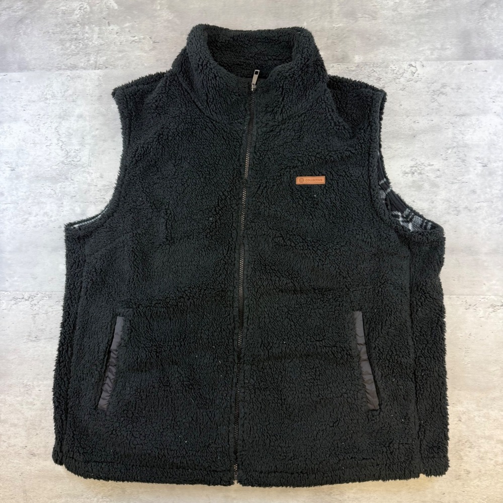 Sage Collective Black Sherpa Fleece Full Zip Vest Plaid Lined Mens Size XL